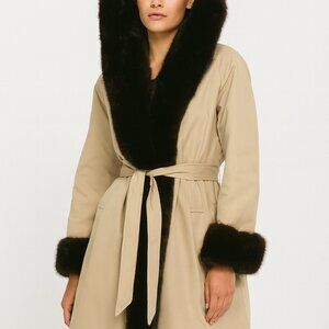 Vintage 1970s Faux Fur Trim Long Belted Hooded Coat Camel Boho Glam